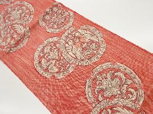 手織り紬丸文に花鳥模様織出し名古屋帯